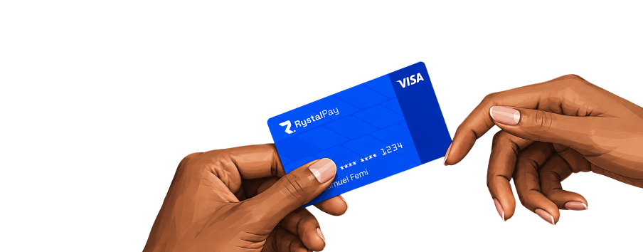 Hands holding a RystalPay virtual dollar card