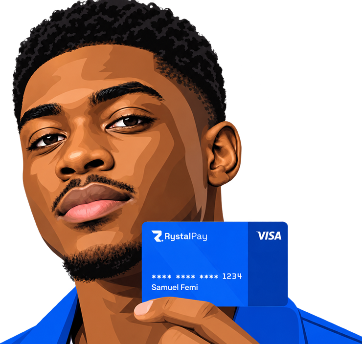 Man holding a RystalPay virtual dollar card