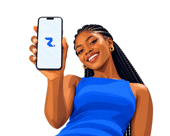 Woman smiling and holding a phone with the RystalPay app open