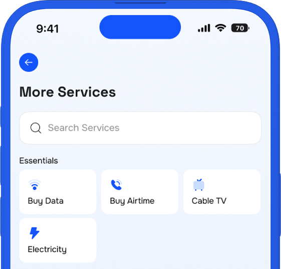 Phone showing RystalPay airtime, data, and bill payment services