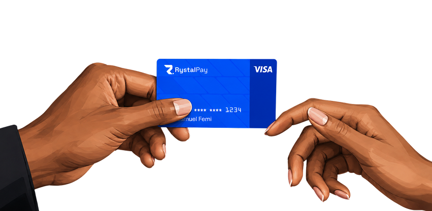 Hands holding a RystalPay virtual dollar card