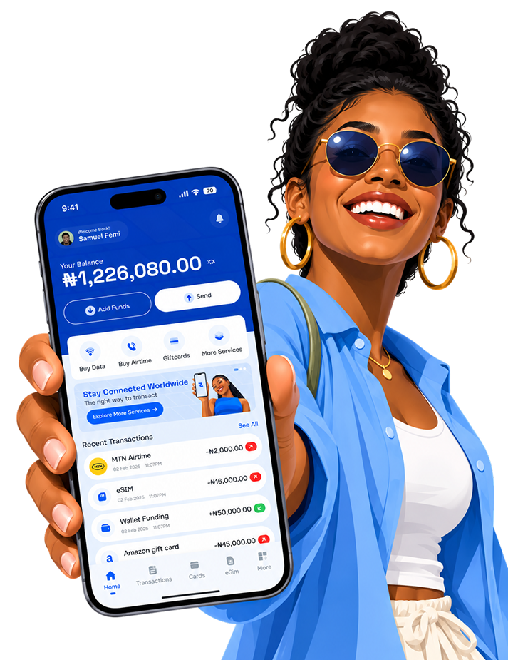 Woman smiling while using the RystalPay app on her phone